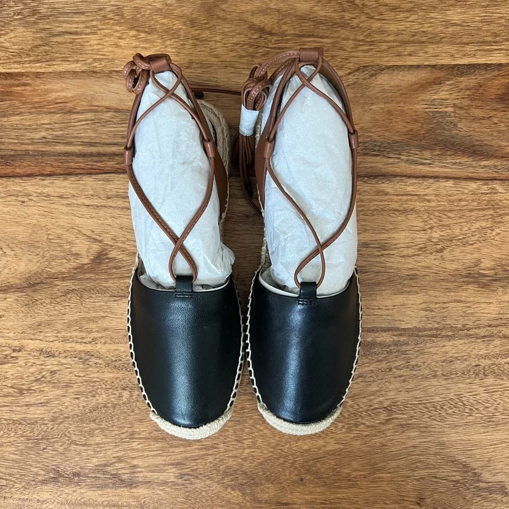 Coach Rita Espadrille Sandals – Black/Tan Leather Lace-Up Flats Size 5.5 - Picture 5 of 11